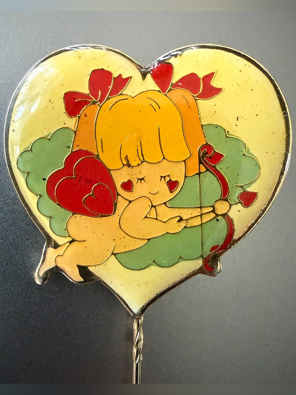 Vintage Enamel Cupid Heart Stick Pin Valentine Gold Tone Angel Cherub Brooch
